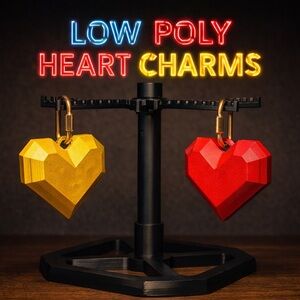 Hand Painted Low-Poly Heart Keychain w/ Mini Functional Carabiner